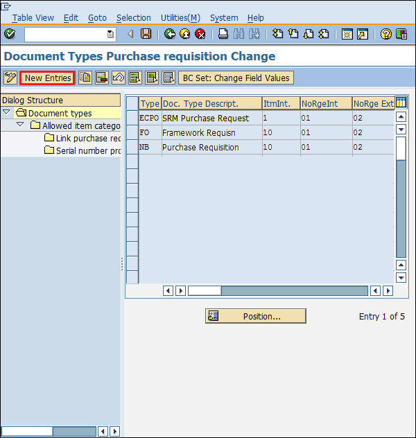 SAP Configuration document type pr new entry 
