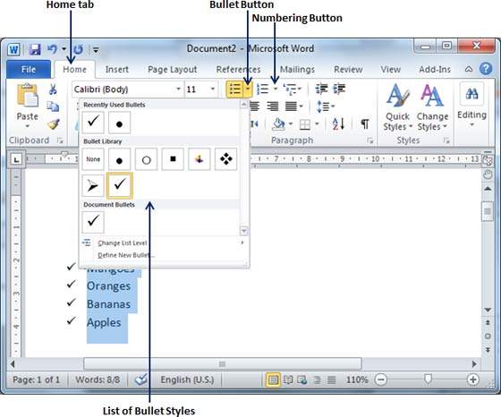 how to add bullet points in microsoft word 2013