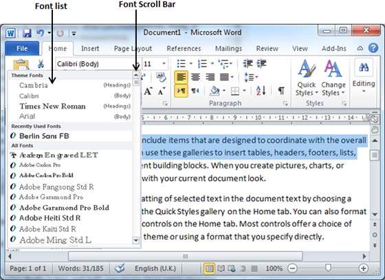 ms word font style list