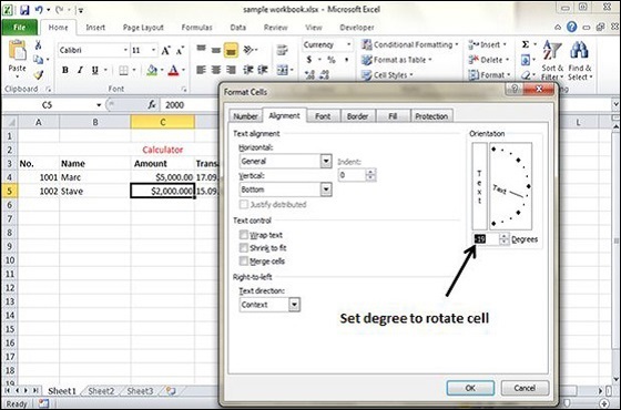 how to angle text in excel cell