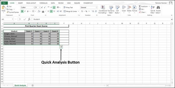 where is the quick analysis button in excel 2017