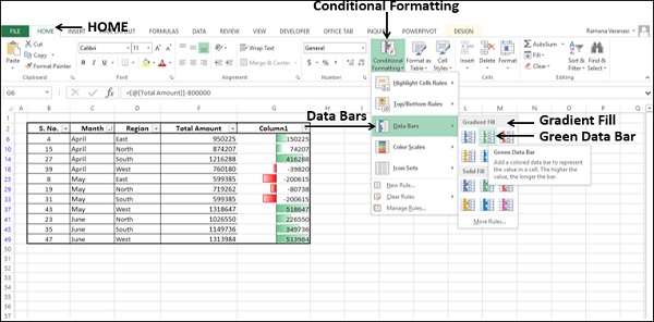 solid fill green data bar conditional formatting excel 2016