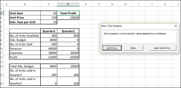 excel solver function doesnt display
