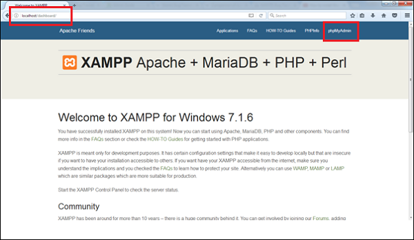Dashboard of XAMPP