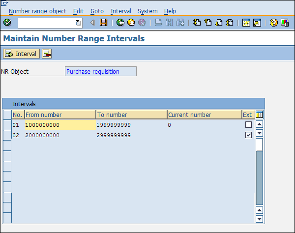 SAP Configuration entry number range purchase requisition details