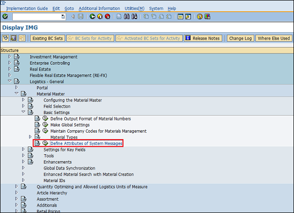 SAP Configuration system messages