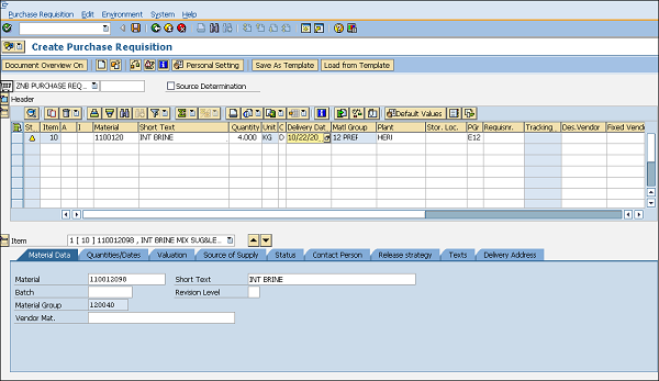 SAP Purchase requisition detail