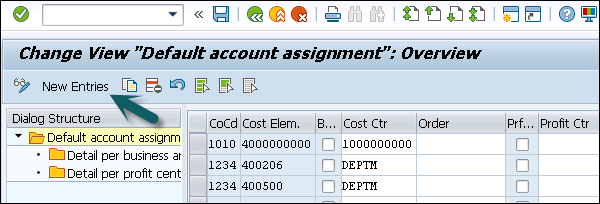 default account assignment transaction code in sap