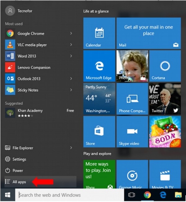 windows 10 all apps button